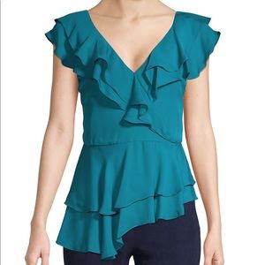 Peacock Asymmetric Ruffle Silk Top